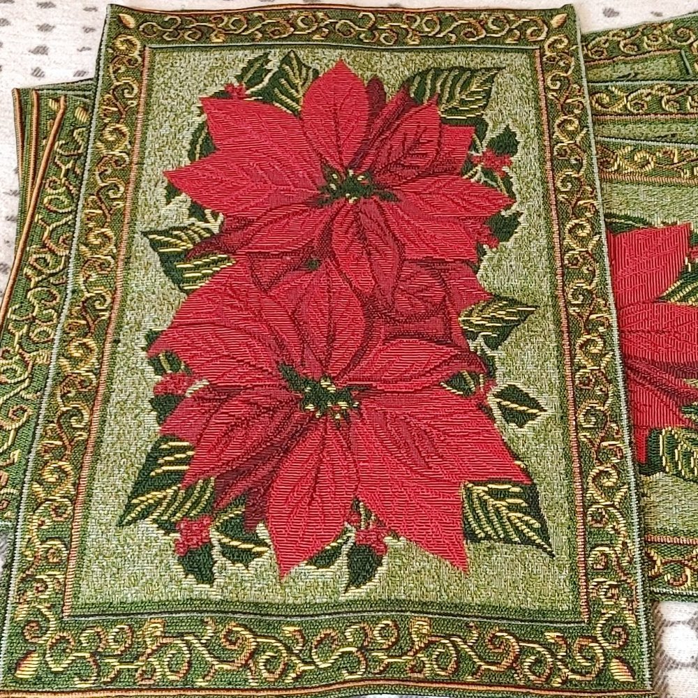 Set of 4 Christmas Placemats Tapestry Poinsettia Design Red and Green